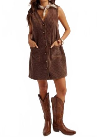 Hem & Thread Snow Washed Corduroy Button Down Pinafore Dress In Brown