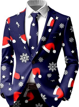Generic Mens Christmas Suit Jacket Novelty Xmas Tree Print Blazer Single Button Long Sleeve Jacket with Pocket Lightweight Comfortable Tops for Festive Party