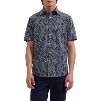 Bugatchi Miles OoohCotton Palm Leaf Print Short Sleeve Button-Up Shirt in Navy at Nordstrom, Size Xxx-Large