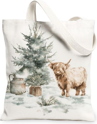 Generic Winter Cow Canvas Tote Bags, Rustic Animal Tree Pattern Reusable Grocery Bags, Vintage Lightweight Washable Shoulder Strap, White, 13x15 Inch