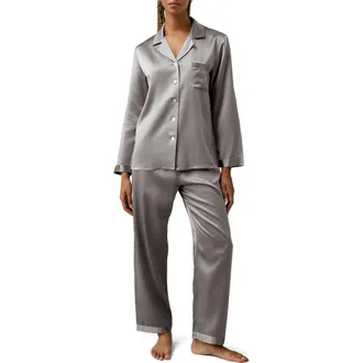 LilySilk Womens Full Length Silk Pajamas Set in Dark Gray at Nordstrom, Size Medium