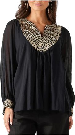 Greek Archaic Kori Overhemden, Dames, Zwart, M, Linnen, Elegante Zwarte Linnen Blouse