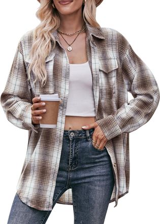 Feoya Womens Button Down Blouse Top Casual Plaid Shirt Classic Long Sleeve Shirt Flannel Checked Shirt Tartan Shirts Color Block Long Sleeve Overshirt with 