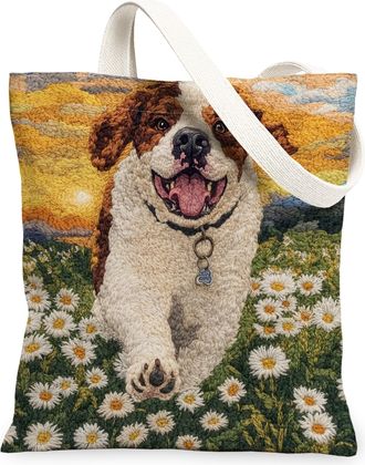 Generic Spring Rough Collie Dog Canvas Tote Bag for Shopping 13x15, Knitting Style Garden Puppy Reusable Grocery Print Bag for Women, Fun Pet Beach Aesthetic 