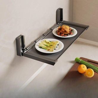 OEM Estanter&iacute;a Plegable Multifuncional De Pared Para Preparaci&oacute;n De Verduras, Aluminio Gris + 5 Ganchos Gris Oscuro, 39 X 18 X 8 Cm