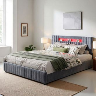OEM Cama Lit 140x190 - Terciopelo Gris - Somier De Lamas - Led Integrada Rgb - Estructura De Madera Y Metal