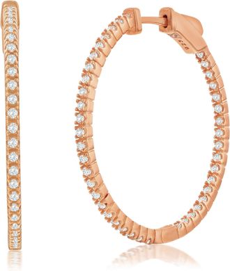Suzy Levian Rose Sterling Silver & White Cubic Zirconia Pave Hoop Earrings