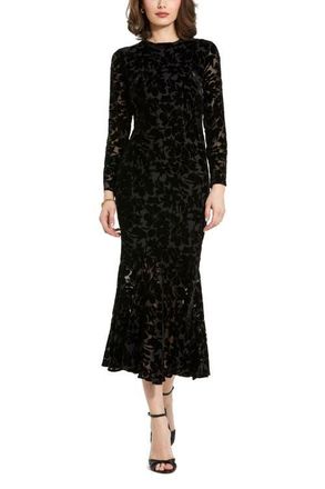 Mac Duggal Burnout Velvet Long Sleeve Ruffle Hem Midi Dress in Black at Nordstrom, Size 12