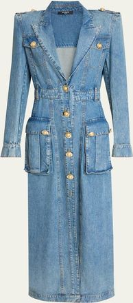 Balmain Belted Pocket Detail V-Neck Denim Midi Dress