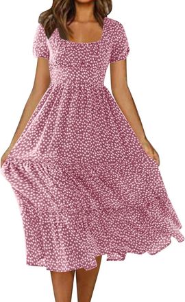 Generic Your Orders Summer Dresses for Women UK Womens Short Sleeved Floral Square Neck Dress Smart Casual Dresses for Women UK Beachwear Plus Size Dress Wome