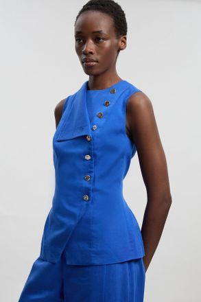 Karen Millen Womens Tailored Linen Button Front Top - Blue Viscose - Size 12 UK