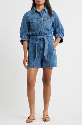 Wit & Wisdom Barrel Sleeve Tie Waist Denim Romper in Mid Blue at Nordstrom, Size Medium