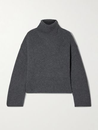 Joseph Pullover A Collo Alto In Misto Lana, Seta E Cashmere A Coste - Grigio