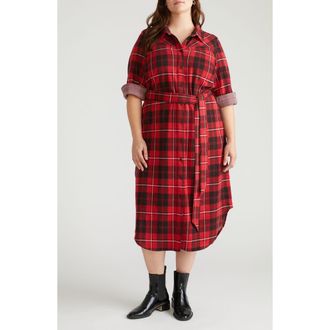 Universal Standard Morgan Long Sleeve Stretch Flannel Midi Shirtdress in Ridge Brew Red Plaid at Nordstrom, Size 2Xl