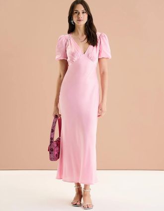 Omnes Womens Rosie Ruched Puff Sleeve Dress in Pink - Size: 12