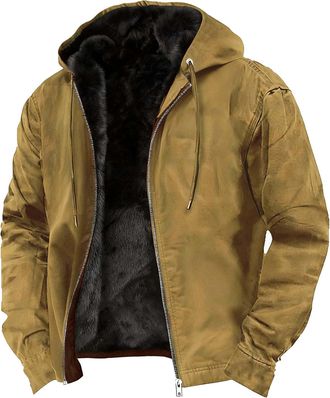 Generic Fleece Lined Jacket for Men Uk Sherpa Thermal Coats Fluffy Winter Warm Coat Military Combat Trucker Jacket Fuzzy Thick Hooded Drawstring Sweatshirt Ca