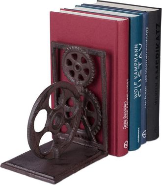 Relaxdays 8x Fermalibri Retr&ograve;, Ghisa, Ruota Dentata, Pellicola Cinematografica, Decorazione per Libri 16x13x10 cm, Marrone