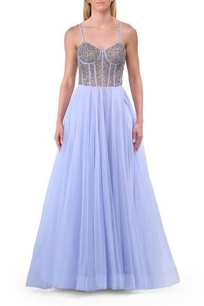 La Femme Rhinestone Embellished Corset with Lace Up Back and Tulle Skirt in Light Periwinkle at Nordstrom, Size 12