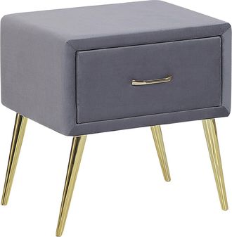Beliani Beliani - Mesa De Noche De Terciopelo Gris Dorado 46 X 38 Cm Caj&oacute;n Dormitorio Flayat