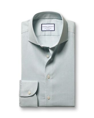 CHARLES TYRWHITT Non-Iron Twill Performance Check Cotton Shirt - Green Single Cuff Size 15.5/34 by Charles Tyrwhitt