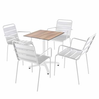 Oviala Mesa de 60x60 cm en laminado roble oscuro y 4 sillas de metal blanco