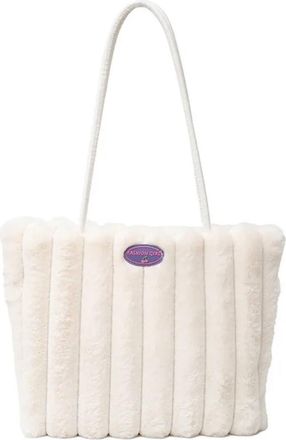 Generic Womens Plush Bags Casual Stripe Furry Tote Bag Portable Large Capacity Plush Shoulder Magnetic Button Solid Color Commuting Handbag Women(White)