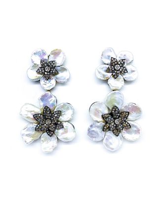 Arthur Marder Fine Jewelry Silver 1.76 Ct. Tw. Diamond & 13X9mm Pearl Flower Drop Earrings