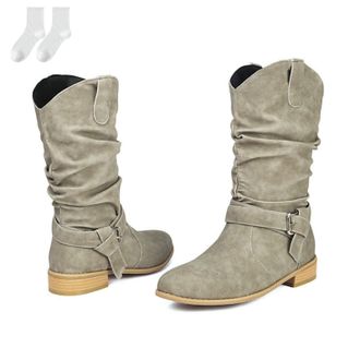 Generic Womens Slouch Boots in A Suede Look, Fashionable Mid-Calf Boots with Buckle Straps And A Comfortable Low Heel, Non-Slip Autumn Winter Ankle Boots for 