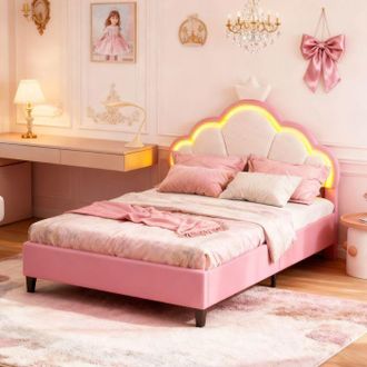 OEM Cama Infantil 90 X 190 Princesa, Con Cabecera Ajustable En Forma De Corona Y Led, Somier, Terciopelo Blanco Y Rosa