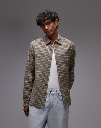 Topman Camicia a maniche lunghe vestibilità comoda kaki a quadri effetto griglia-Verde