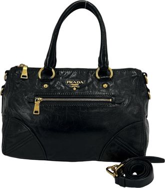 Prada Black Leather Boston Bag Handbag Shoulder Bag Tote Bag (Pre-Owned)