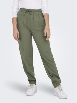 Only Cargohose ONLY ONLCARO MW LIN PULL-UP CARGO PNT NOOS, Damen, Gr. XS (34), L&auml;nge 32, gr&uuml;n (oil gr&uuml;n), Web, Obermaterial: 55% Leinen, 45% Viskose, unifa