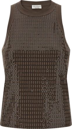 Brunello Cucinelli Brown Dazzling Check Embroidery top