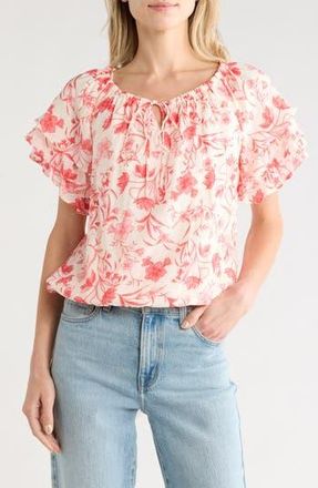 CeCe by Cynthia Steffe Floral Tie Keyhole Short Sleeve Top in Egret at Nordstrom Rack, Size Medium