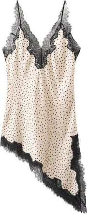 Mango Silver Polka Dot Lace Trim Satin Top in Ecru at Nordstrom, Size Medium