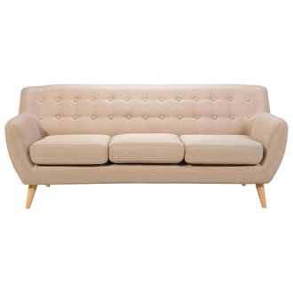 Beliani Sof&aacute; 3 Plazas Tapizado Beige Con Respaldo Copetudo Patas De Madera Clara Acolchadas Gruesas Sala De Estar Minimalista Escandinava Motala