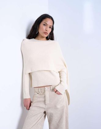 Topshop Maglione lavorato color crema con sciarpa-Bianco