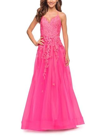 La Femme Gorgeous Lace and Tulle Ball Gown with High Slit in Neon Pink at Nordstrom, Size 10