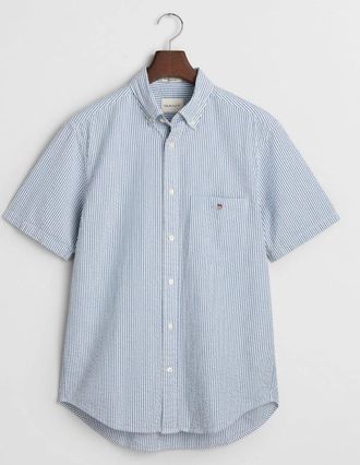 GANT Mens GANT Regular Seersucker Stripe Short Sleeve Shirt, Rich Blue - Size: Regular/36