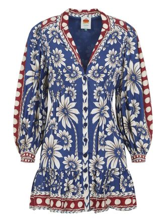 Farm Rio Luna Blue Long Sleeve Mini Dress