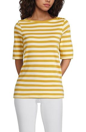 Lands End Supima Cotton Elbow Sleeve Boatneck Button Shoulder Tee in Goldenrod Multi Stripe at Nordstrom, Size X-Large P