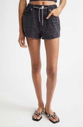Alexander Wang Marathon Crystal Drawstring Denim Shorts in Grey Aged at Nordstrom, Size 25