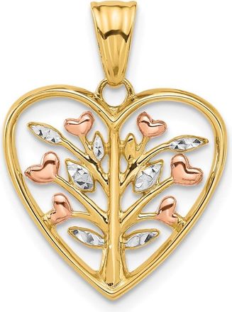 Diamond2Deal 14k Yellow Gold Rose-plated and White Rhodium Diamond-cut Tree in Heart Pendant