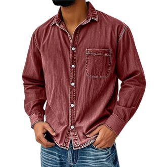 Generic Mens Vintage Washed Denim Shirt Classic Long Sleeve Button Down Shirt Retro Workwear Style with Breast Pockets Casual Slim Fit Denim Top Modern Design