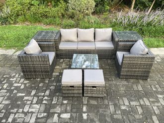 Fimous Wicker 8 Pieces Rattan Garden Furniture Sofa Set with Armchair 2 Side Tables Square Coffee Table Dark Grey Mixed