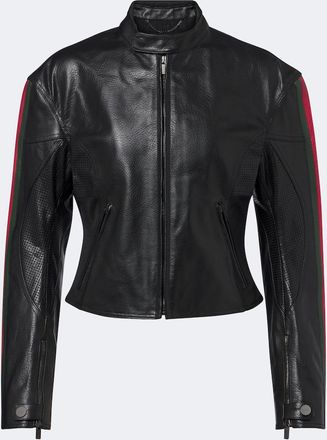 Gucci Web Stripe leather biker jacket