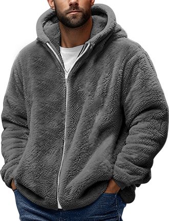 Generic Teddy Fleece Hoodies for Men UK, Full-Zip Winter Coat, Solid colour Fuzzy Sherpa Fleece Soft Fluffy Hooded Jackets with Drawstring, Thermal Hooded Swe