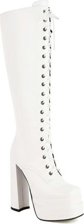 Generic Womens Stacked Platform Knee High Riding Boots Lace Up Ultra Chunky Heels Square Toe Fashion Goth Punk Shoes with Zipper (7.5,White)