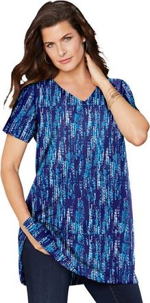 Roaman's Plus Size Ultimate Cotton V-Neck Short Sleeve Tunic in Navy Speckle at Nordstrom, Size Medium