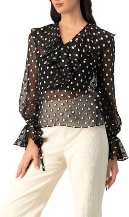 Ivonne See-Through Polka Dot V-Neck Blouse in Black at Nordstrom, Size 14
